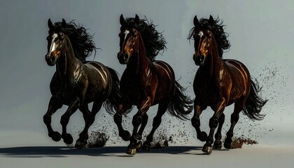 Three Adorable Cartoon Horses Running Playfully on White Background