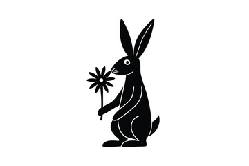 Adorable black bunny silhouette holding a flower