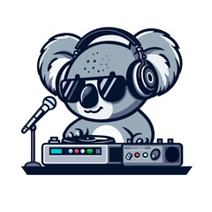 Cool koala DJing mascot with headphones and a turntable, in flat minimal art on a white backdrop © CreativeNest