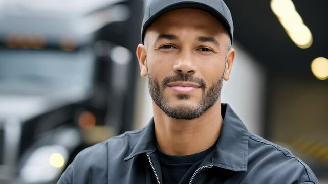 Portrait of a confident mixed race man with beard and baseball cap in front of commercial truck, smiling for camera.
