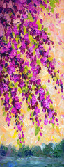 Oil painting. Flowering branches against the sky