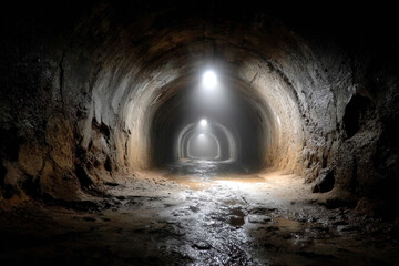 Naklejka premium Dark underground tunnel with wet rocky floor and bright lights creating mysterious atmosphere