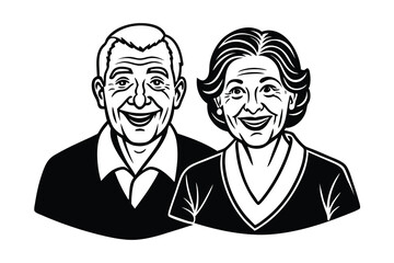 Happy senior couple black and white portrait illustration