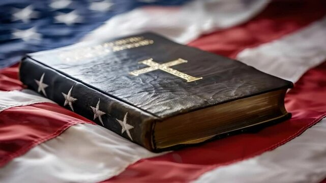 Holy Bible on Waving American Flag Background Symbolizing Faith and Patriotism in the United States 4k video footage