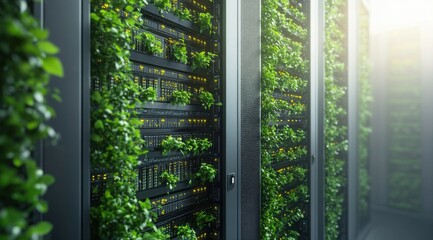Eco-Friendly Data Center: A modern data center, harmoniously blended with nature, showcasing a progressive approach to technology and environment.