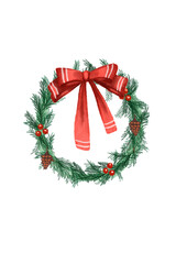 A festive Christmas wreath adorned with pine cones, red berries, and a bright red ribbon — the perfect touch of holiday cheer and warmth.