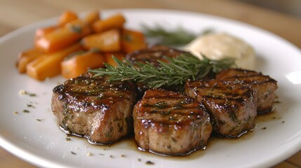 Grilled meat course with roasted vegetables.