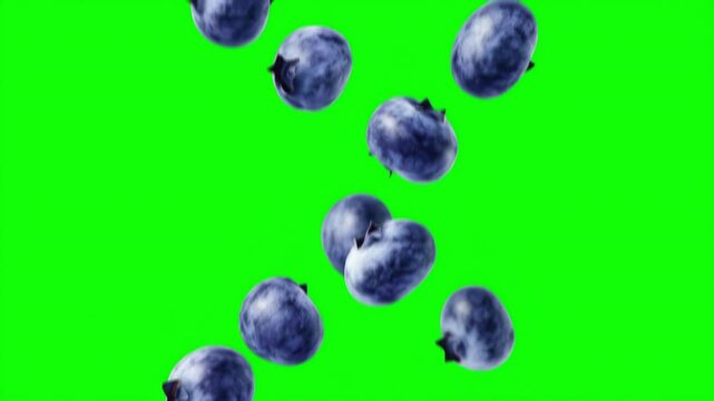 Floating blueberries in bright green background create a lively and colorful atmosphere while emphasizing fresh fruit appeal