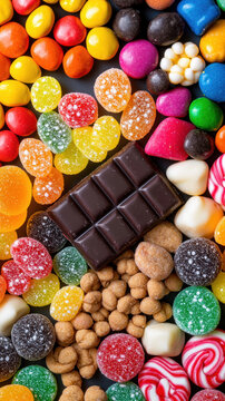 Assorted colorful candy, chocolate bar, jelly, gumdrop, and sweet snacks arranged in vibrant, cheerful top view display