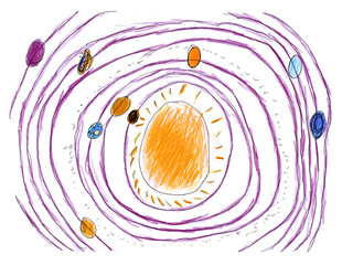 Pencil drawing in children's style. Solar system