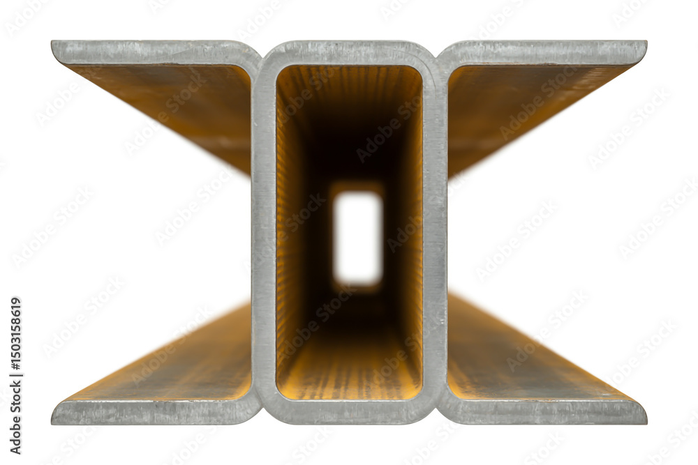 Poster a close up of a metal beam with a rectangular hole in the middle on a white background studio shot