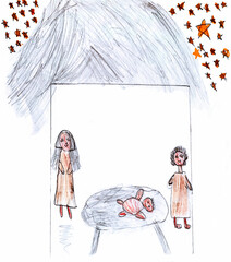 Kid's pencil drawing picture. Newborn baby Jesus