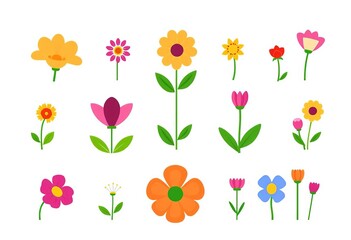 Obraz premium Vibrant flat-style flower icons, isolated on white Perfect for spring designs, summer icons, flower design
