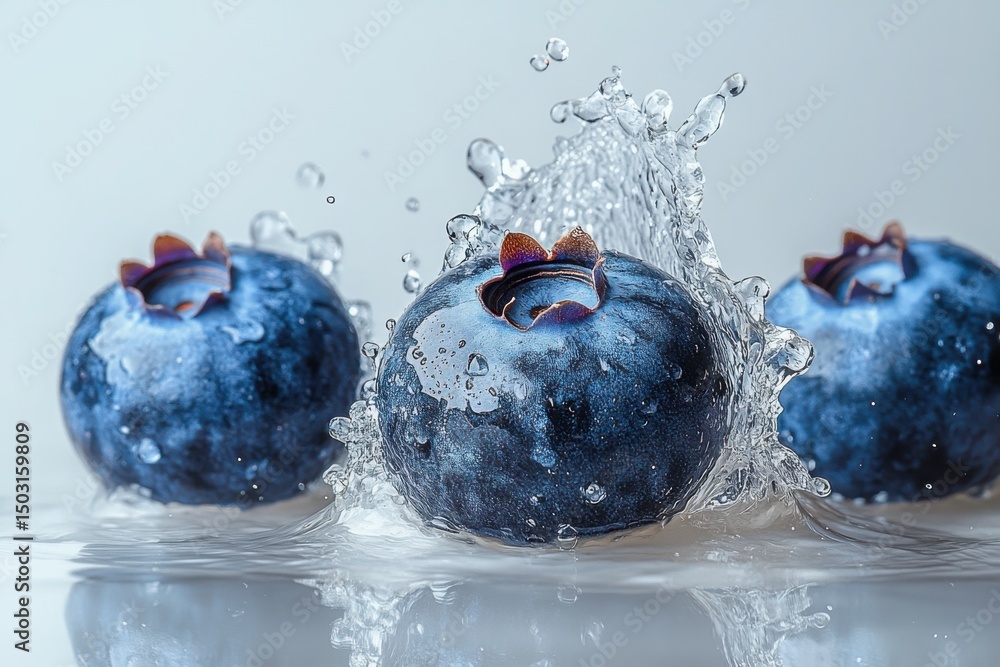 Poster blueberry splash: vibrant blueberries are caught in a burst of refreshing water, creating a splash o
