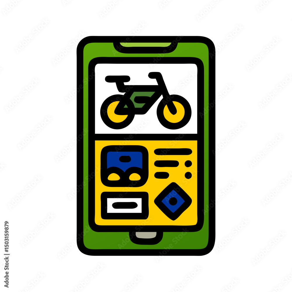 Poster ride-booking app icon displaying bicycle options on a smartphone interface for transportation servic