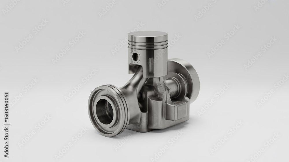 Aufkleber close up of a metal piston and engine block on a white background in a studio setting showing detail