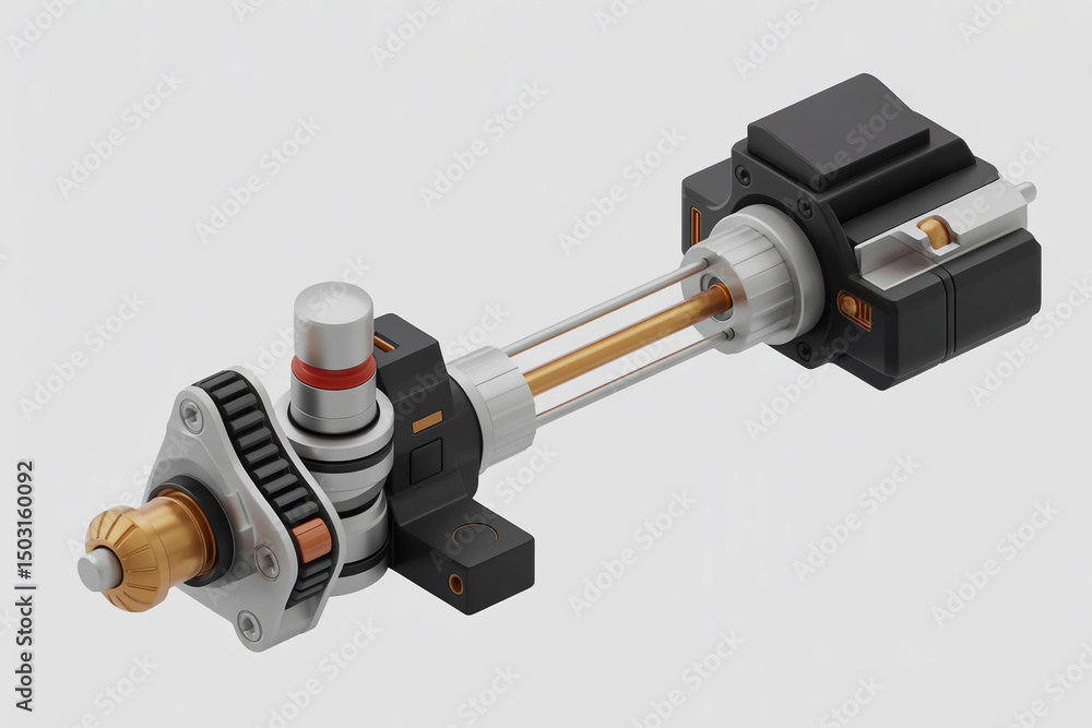 Aufkleber close up of a complex mechanical device with metal rods and various components on a white background