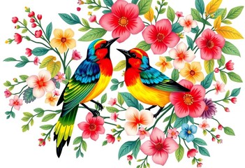 Vibrant floral design; two stylized birds amidst blossoming plants and flowers Ample white space, image, artistic