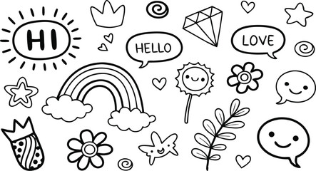 cute hand drawn doodle vector set,a seamless vector doodle illustration in black and white. love, Natural , firework, cloud, weather, rainbow, snow, heart and creative design vector collection.