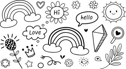 Fototapeta premium cute hand drawn doodle vector set,a seamless vector doodle illustration in black and white. love, Natural , firework, cloud, weather, rainbow, snow, heart and creative design vector collection.