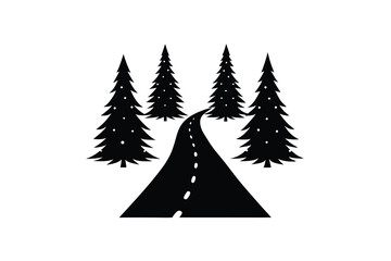 Obraz premium Winding road through snowy evergreen forest winter scene