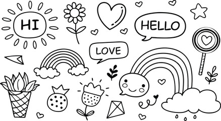 cute hand drawn doodle vector set,a seamless vector doodle illustration in black and white. love, Natural , firework, cloud, weather, rainbow, snow, heart and creative design vector collection.