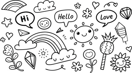 cute hand drawn doodle vector set,a seamless vector doodle illustration in black and white. love, Natural , firework, cloud, weather, rainbow, snow, heart and creative design vector collection.