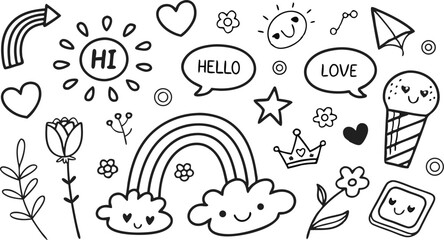 cute hand drawn doodle vector set,a seamless vector doodle illustration in black and white. love, Natural , firework, cloud, weather, rainbow, snow, heart and creative design vector collection.