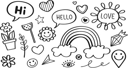 cute hand drawn doodle vector set,a seamless vector doodle illustration in black and white. love, Natural , firework, cloud, weather, rainbow, snow, heart and creative design vector collection.