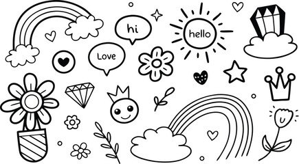 cute hand drawn doodle vector set,a seamless vector doodle illustration in black and white. love, Natural , firework, cloud, weather, rainbow, snow, heart and creative design vector collection.