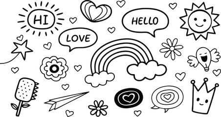 cute hand drawn doodle vector set,a seamless vector doodle illustration in black and white. love, Natural , firework, cloud, weather, rainbow, snow, heart and creative design vector collection.