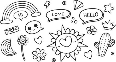 cute hand drawn doodle vector set,a seamless vector doodle illustration in black and white. love, Natural , firework, cloud, weather, rainbow, snow, heart and creative design vector collection.