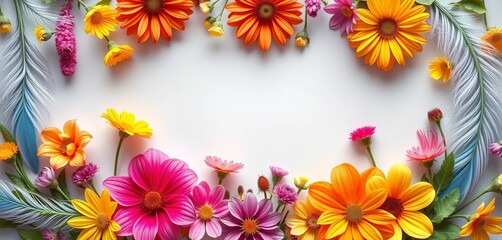 Vibrant floral & feather frame, spring/summer theme, invitation, card