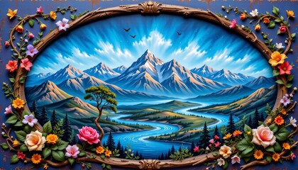 Obraz premium artistic wall art featuring a scenic landscape with majestic mountains and serene rivers, arranged in a circular pattern with hand painted elements on a vivid color palette