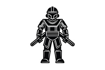 Armed futuristic warrior in black and white illustration