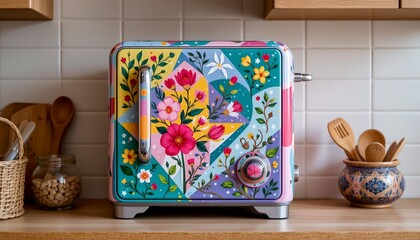 create a vivid and artistic kitchen appliance, featuring a unique geometric design and hand painted elements in a vibrant color palette