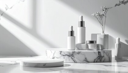 Elegant Cosmetic Bottles and Creams on Marble Pedestal