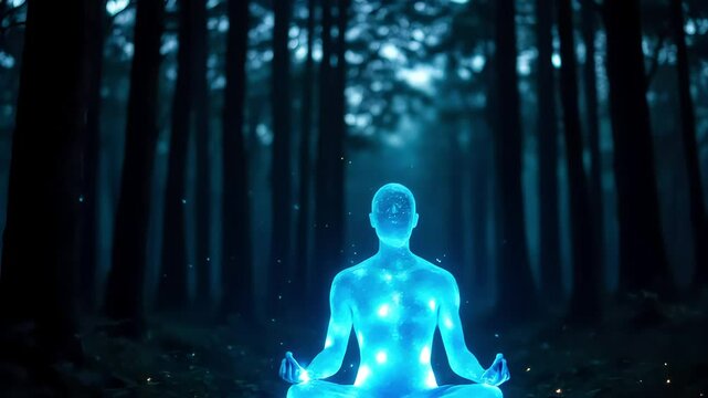 A luminous translucent figure in lotus pose radiates blue energy in a dark enchanted forest with floating particles. Concept of energy healing and spiritual awakening