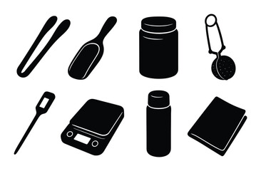 Tea accessories silhouette icons set – simple brewing, utensils, and equipment graphics