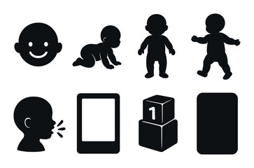 Baby milestones silhouette icons set – infant development, growth stages symbols
