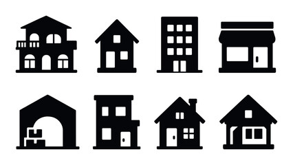 Fototapeta premium Property types silhouette icons set – outline, real estate and building symbols