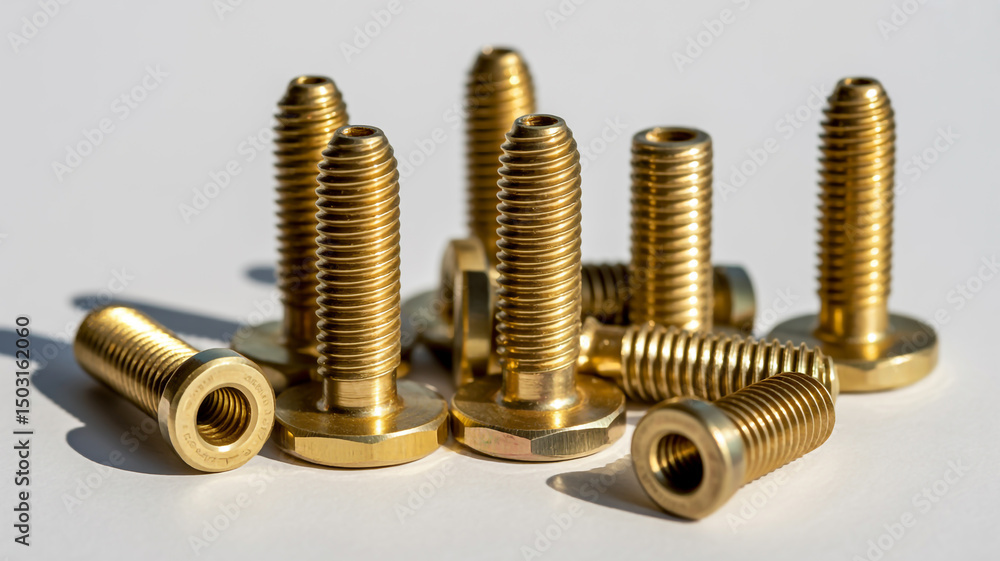 Poster a close up shot of several golden colored screws with visible threads on a white background surface