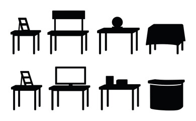 Exhibition table silhouette icons set – minimalist, simple event and display symbols