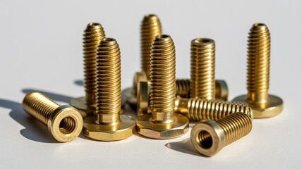 A close up shot of several golden colored screws with visible threads on a white background surface