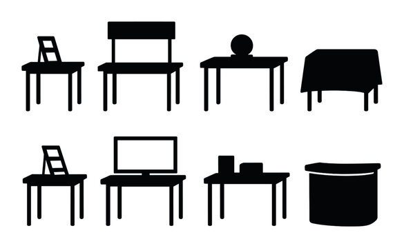 Exhibition table silhouette icons set – minimalist, simple event and display symbols