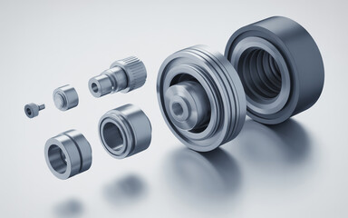 Exploded view of various silver metal cylindrical components on a light gray reflective surface