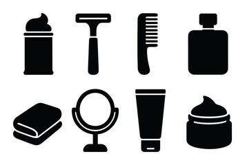 Man grooming essentials silhouette icons set – shaving, care, and hygiene symbols