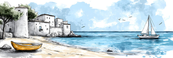 Italian or greek style vacation hand drawn vector illustrations in grunge chalk or charcoal rough doodle sketch style elements. Summer vacation in ink simple style. Drawings for poster, placard print.