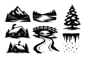 Fototapeta premium Winter wonderland silhouette icons set – holiday, festive and seasonal symbols