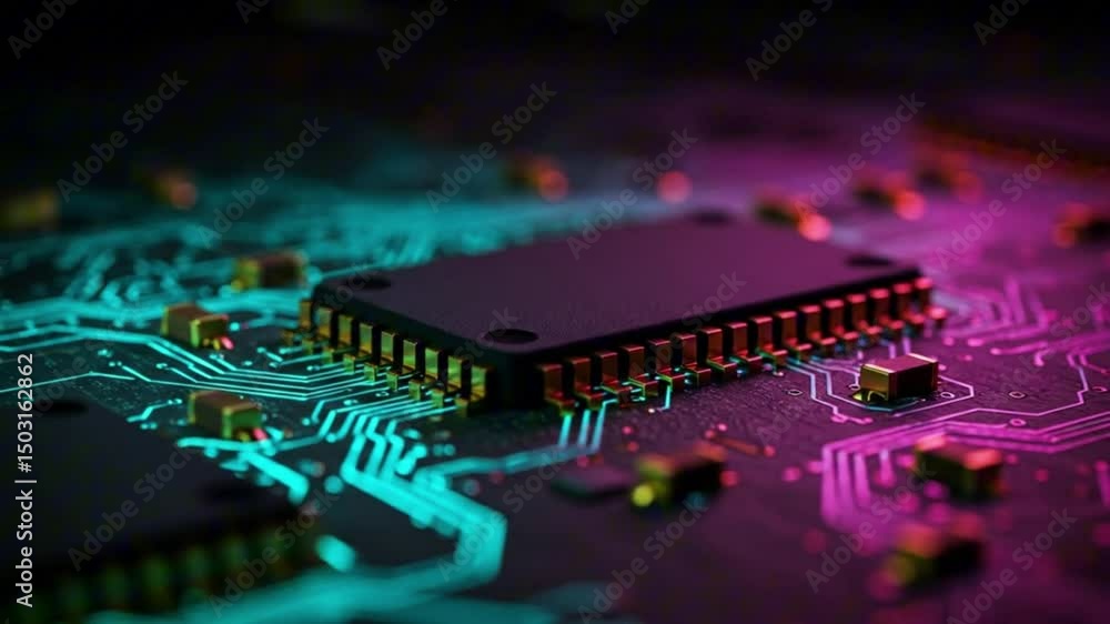 Poster close-up of circuit board with microchip and neon lighting effects